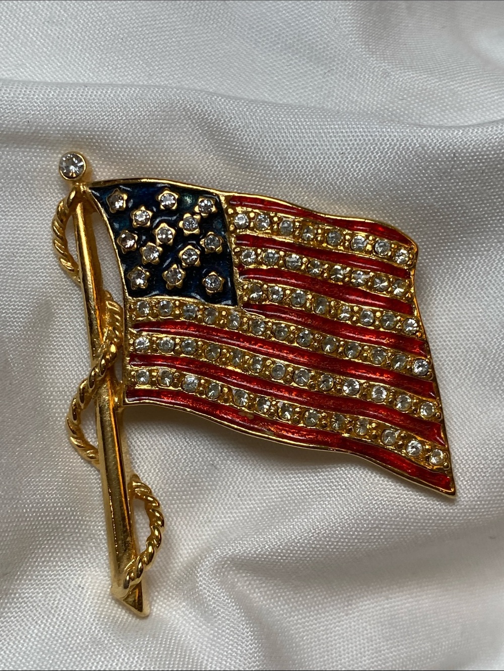 Vintage JBK American Flag Brooch Pin Camrose & Kross USA Rhinestone Patriotic